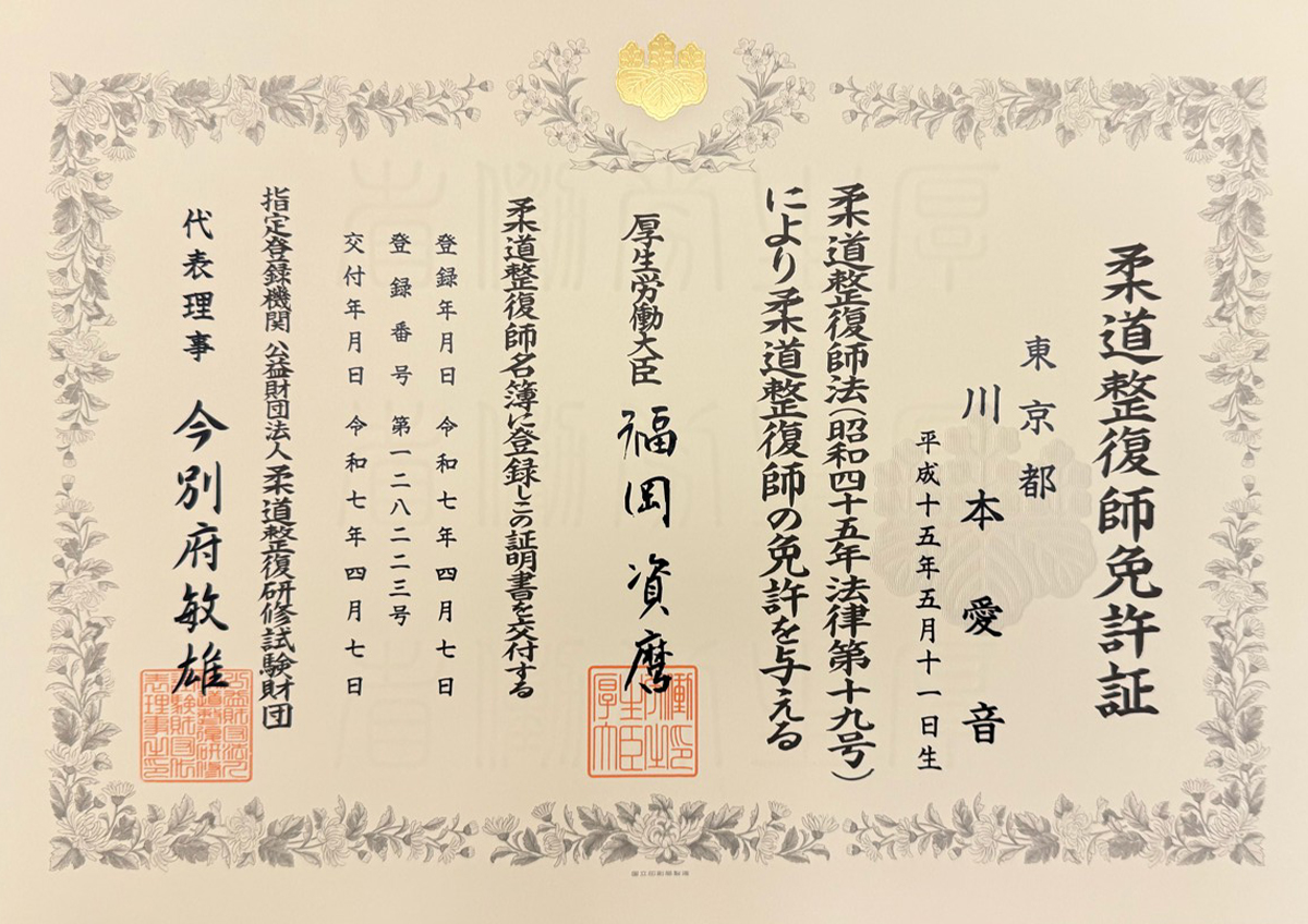 柔道整復師免許証